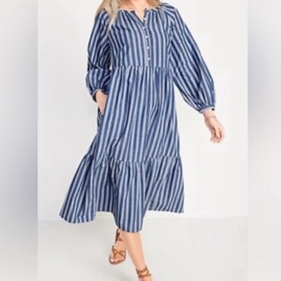 Old Navy Dresses & Skirts - Old Navy Cotton Striped Button-Front All-Day
Midi Tiered Swing Dress